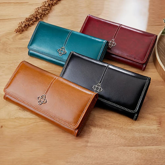 Women’s Long Leather Bifold Wallet – Eva Trendy Clutch Card Holder