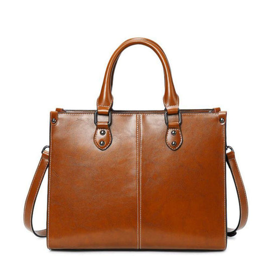 Women’s Medium Brown Leather Tote Bag – Elegant Classic Office Shoulder Handbag