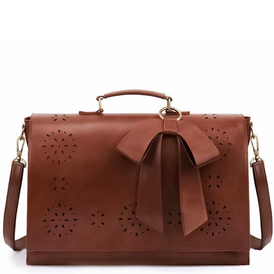 Women’s Brown Leather Bow-Tie Satchel Bag – Elegant Laser-Cut Top Handle & Shoulder Handbag
