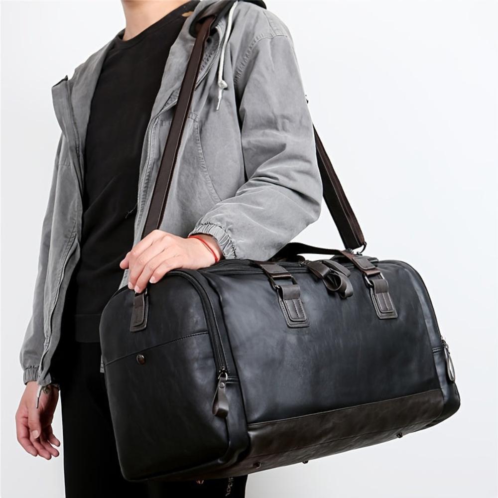 Men’s Large Black Leather Travel Duffel Bag – Everett Weekender Carry-On Overnight Bag