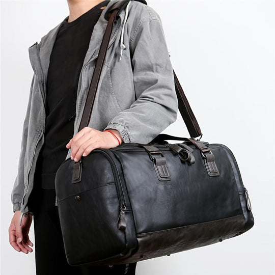 Men’s Large Black Leather Travel Duffel Bag – Everett Weekender Carry-On Overnight Bag