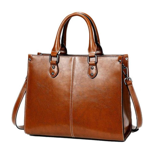 Women’s Medium Brown Leather Tote Bag – Elegant Classic Office Shoulder Handbag