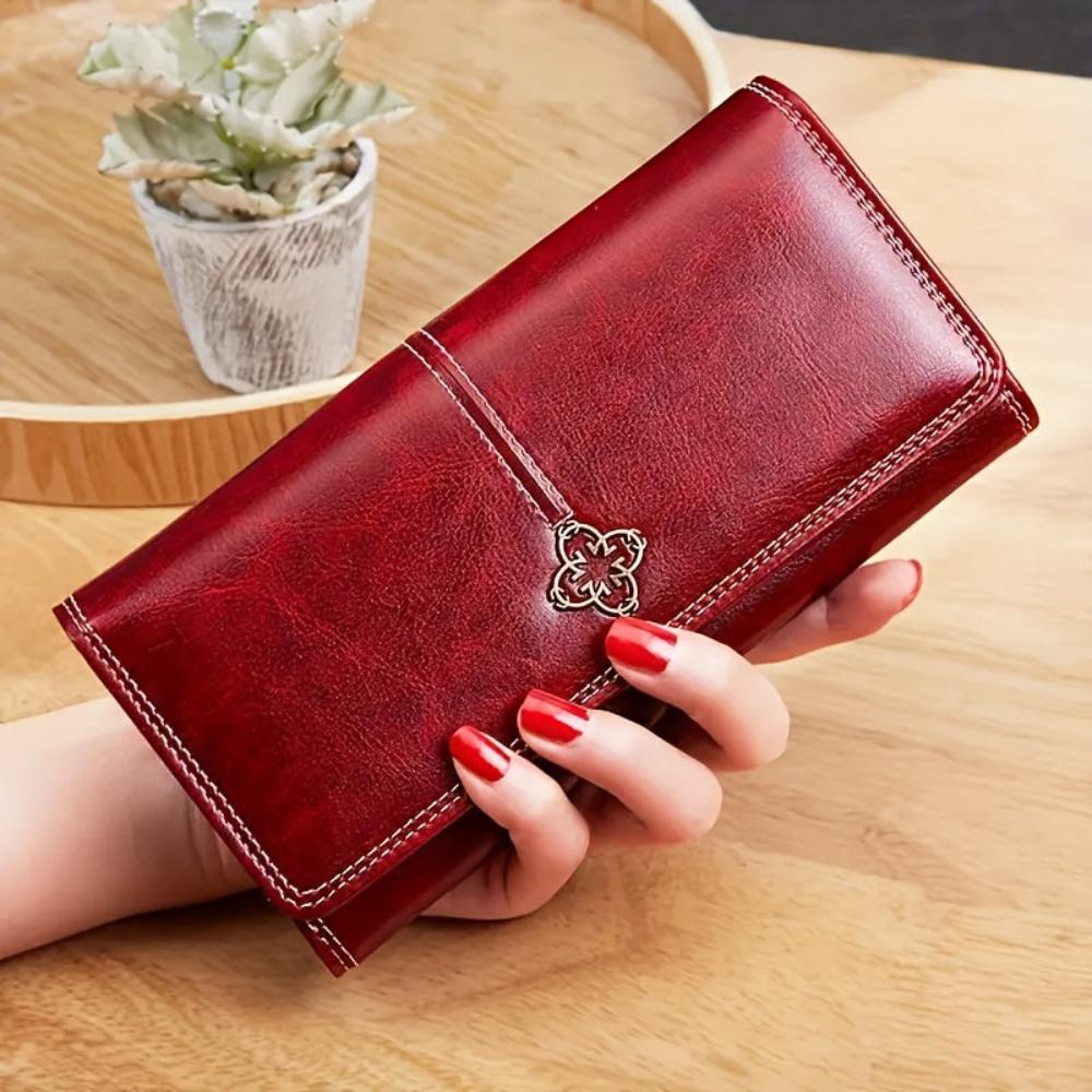 Women’s Long Leather Bifold Wallet – Eva Trendy Clutch Card Holder