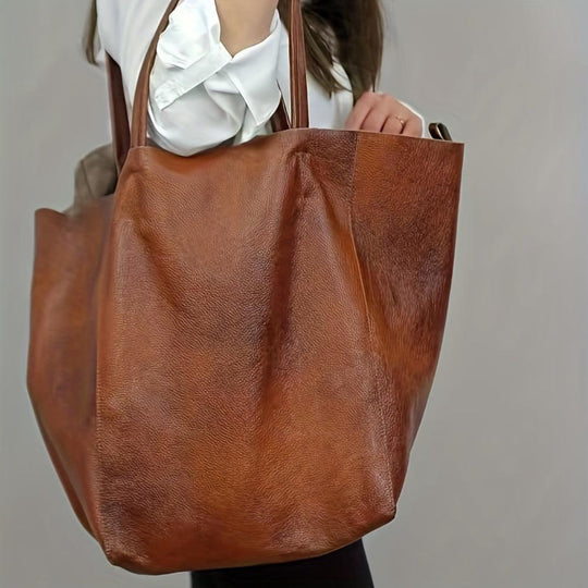 Women’s Large Brown Faux Leather Tote Bag Set – Renee’s Retro Softness Shopper with Matching Pouch