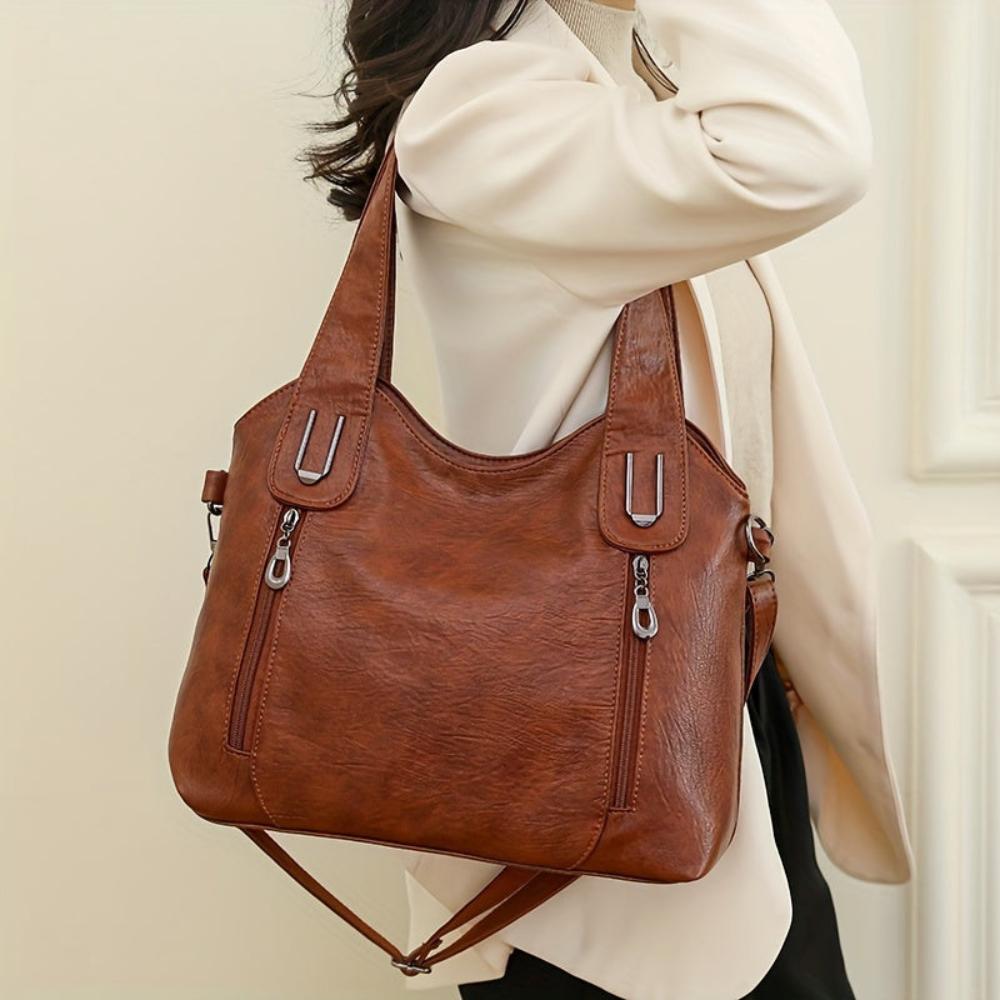 Women’s Medium Brown Leather Tote Shoulder Bag – Emma Retro Everyday Hobo Purse