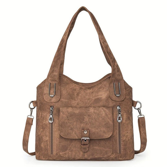 Women’s Medium Brown Faux Leather Shoulder Bag – Elise’s Vintage Charm Everyday Tote