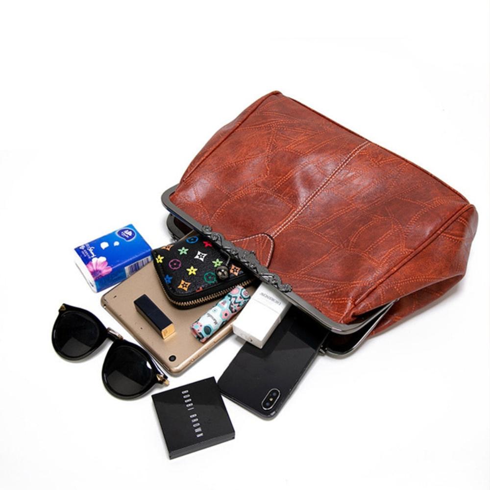 Women’s Red Leather Vintage Kiss-Lock Handbag – Celestial Embossed Top Handle & Shoulder Bag