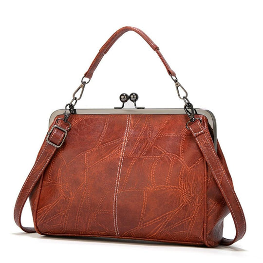 Women’s Red Leather Vintage Kiss-Lock Handbag – Celestial Embossed Top Handle & Shoulder Bag