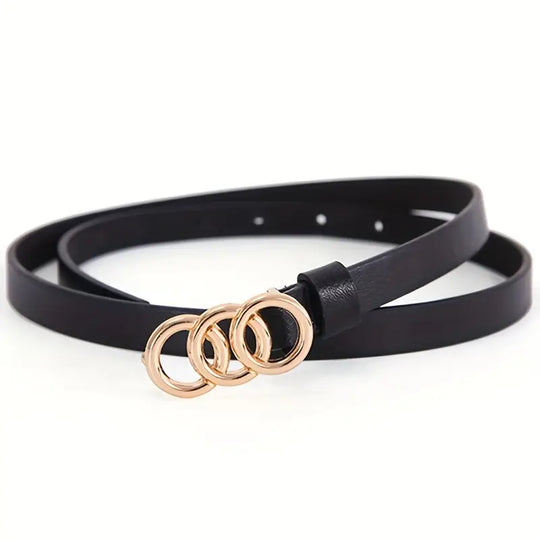 Women’s Slim Genuine Leather Belt with Triple Ring Buckle – Soft Statement Minimal Waist Belt