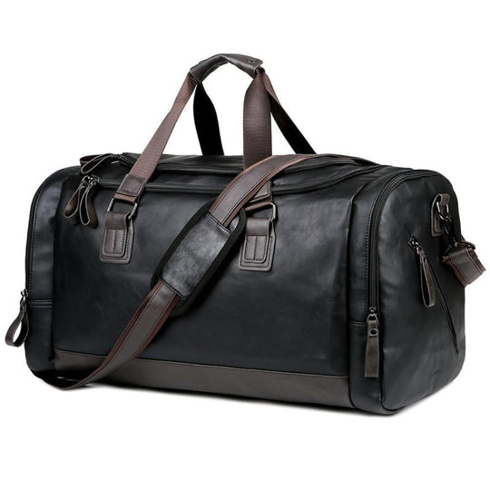 Men’s Large Black Leather Travel Duffel Bag – Everett Weekender Carry-On Overnight Bag