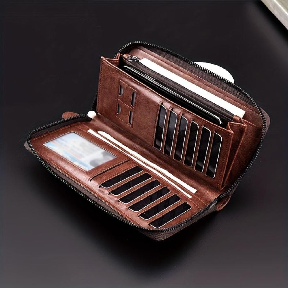 Men’s Brown Leather RFID Zip Wallet – Holden Long Clutch Card Holder