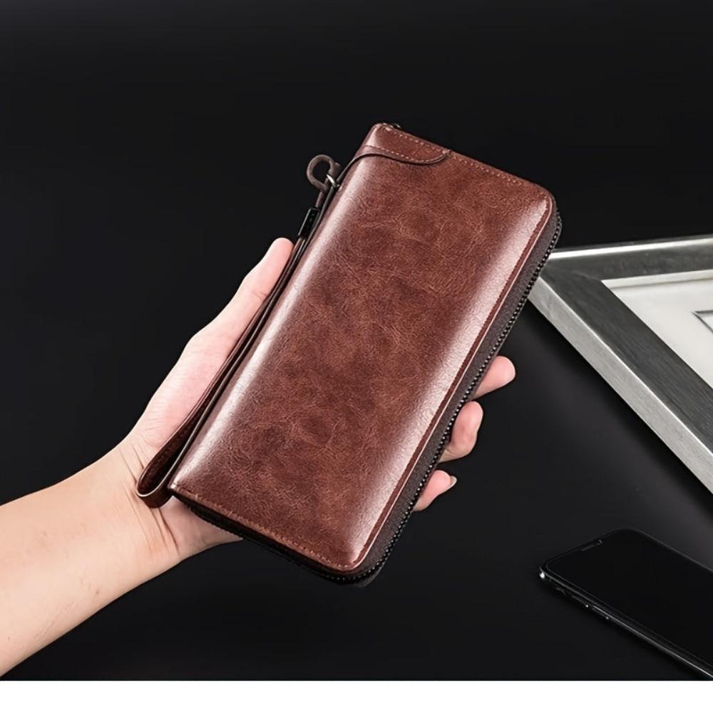 Men’s Brown Leather RFID Zip Wallet – Holden Long Clutch Card Holder