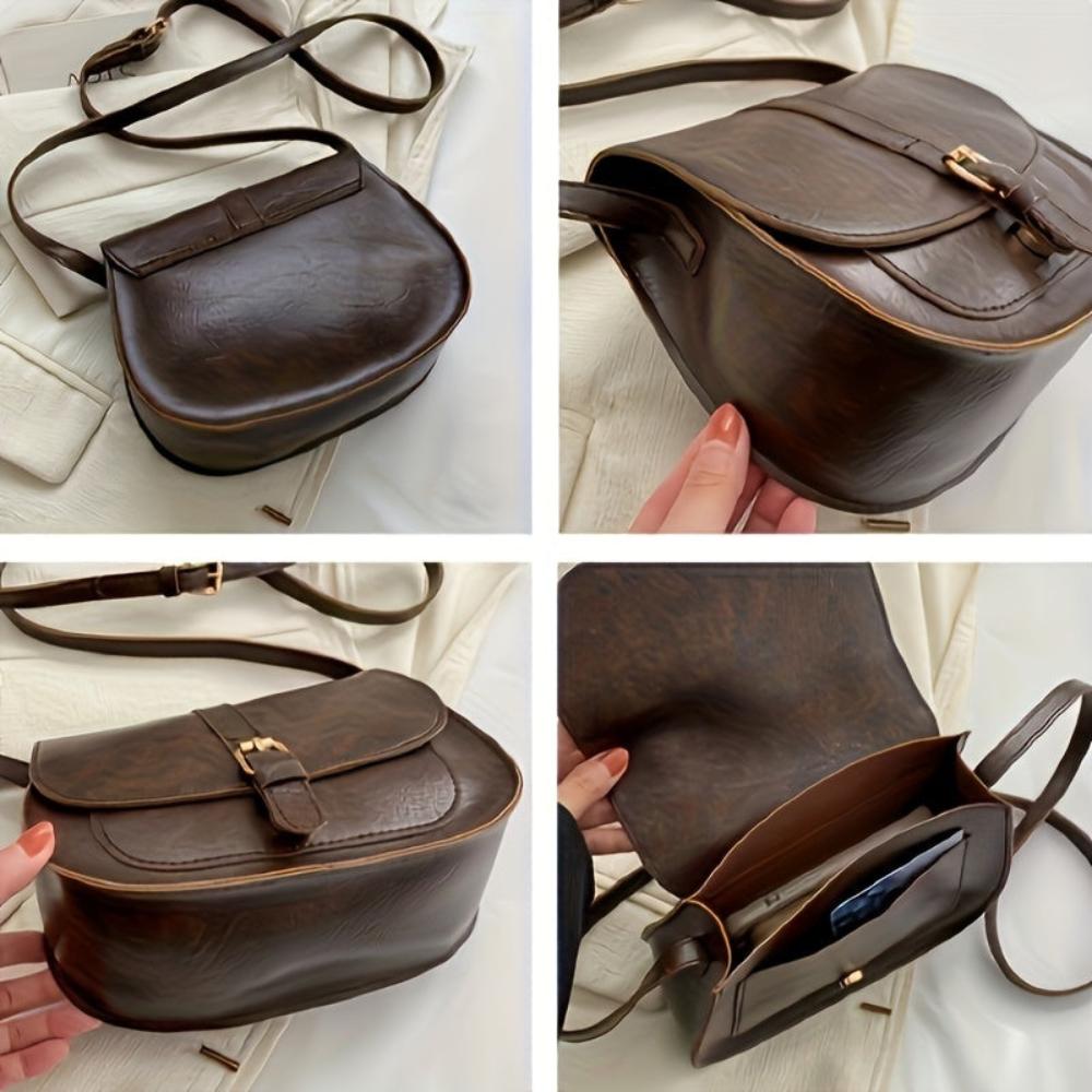 Women’s Small Brown Faux Leather Saddle Bag – Evelyn Classic Crossbody Shoulder Purse