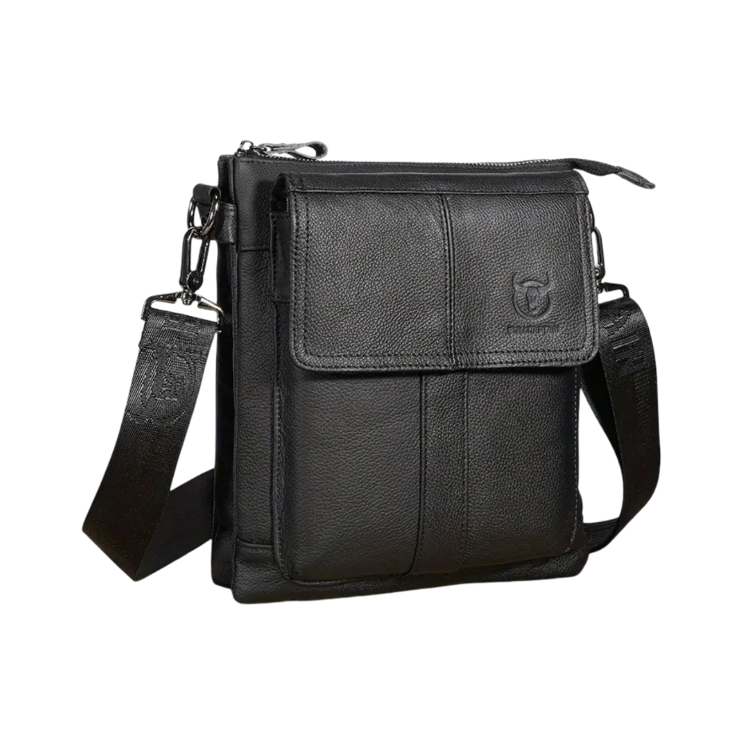 Men’s Black Leather Slim Crossbody Shoulder Bag | Nathan