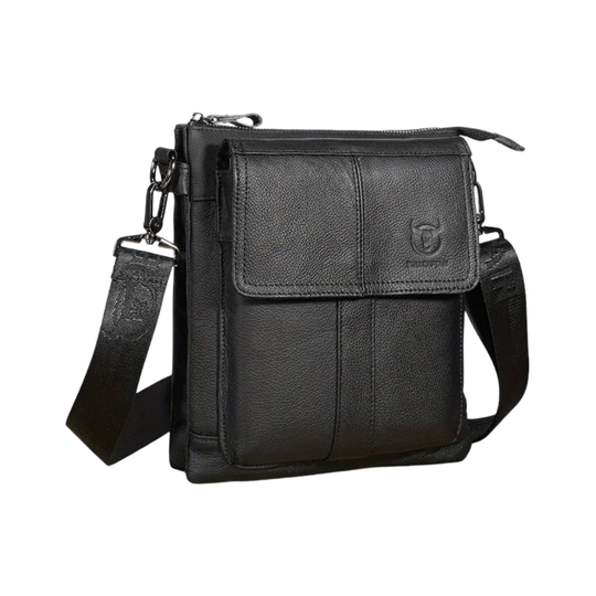 Men’s Black Leather Slim Crossbody Shoulder Bag | Nathan