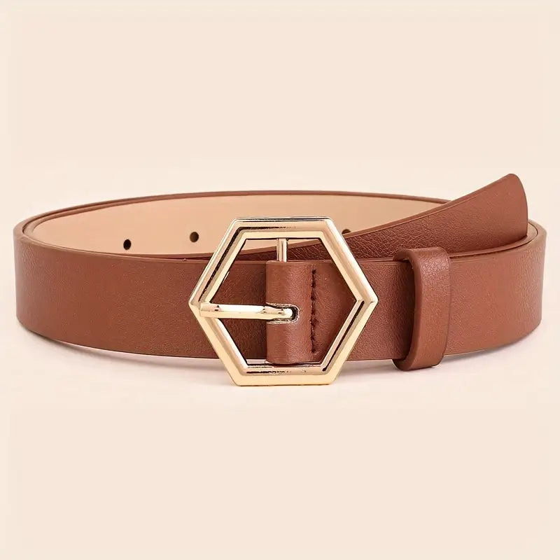 Women’s Slim Genuine Leather Belt with Geometric Buckle – Fine Line Classic Waist Belt for Jeans & Dresses