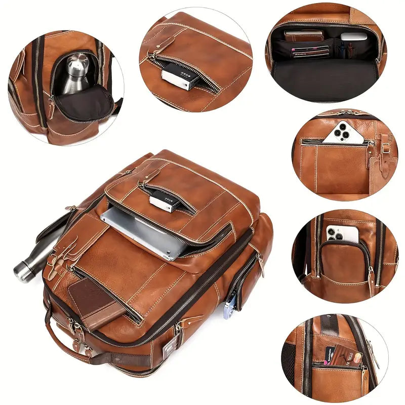 Men’s Full-Grain Leather Multi-Compartment Laptop Backpack | George