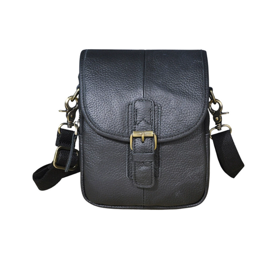 Men’s Black Leather Crossbody Pouch with Buckle Flap | Luke