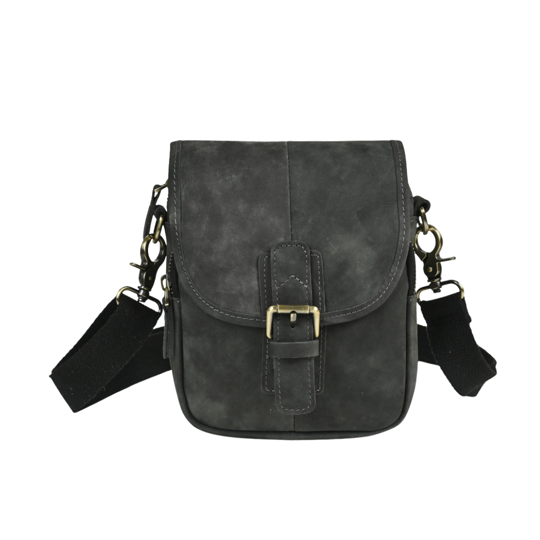 Men’s Black Leather Crossbody Pouch with Buckle Flap | Luke