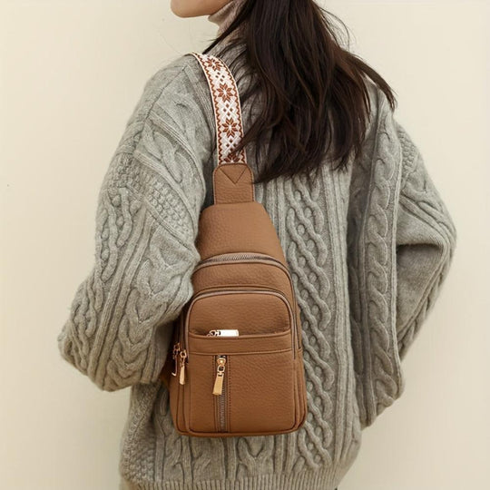 Woman Brown Leather Sling Bag – Hazel Vintage Chest Crossbody Daypack
