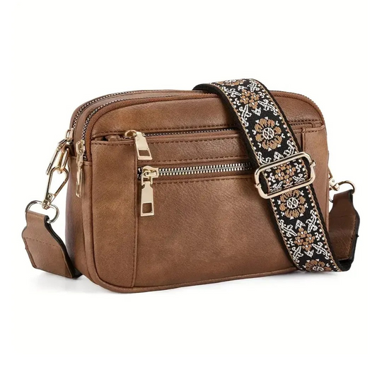 Women’s Brown Leather Crossbody Shoulder Bag with Floral Strap | Nora