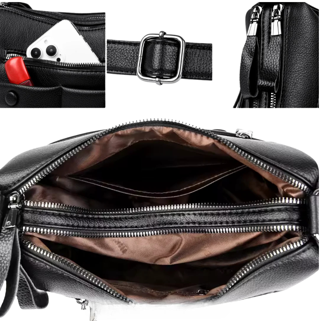 Women’s Multi-Pocket Leather Crossbody Bag with Front Zippers | Riley