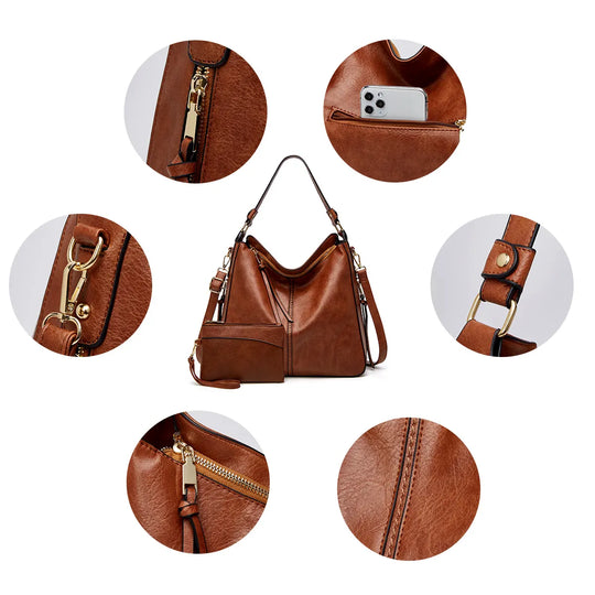 Women’s Brown Leather Hobo Shoulder Bag + FREE Matching Pouch | Ava