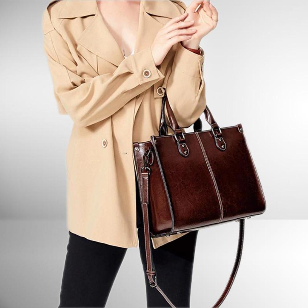 Women’s Medium Brown Leather Tote Bag – Elegant Classic Office Shoulder Handbag