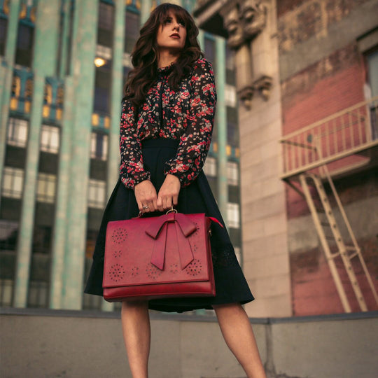 Women’s Brown Leather Bow-Tie Satchel Bag – Elegant Laser-Cut Top Handle & Shoulder Handbag