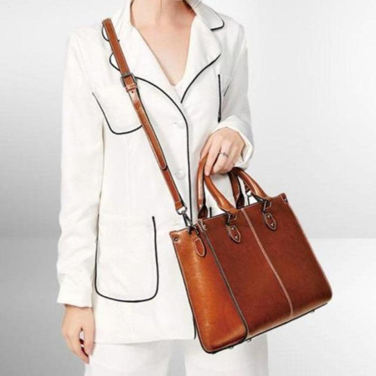 Women’s Medium Brown Leather Tote Bag – Elegant Classic Office Shoulder Handbag