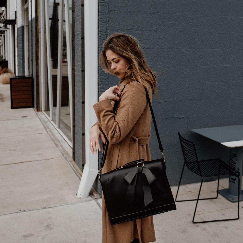 Women’s Brown Leather Bow-Tie Satchel Bag – Elegant Laser-Cut Top Handle & Shoulder Handbag