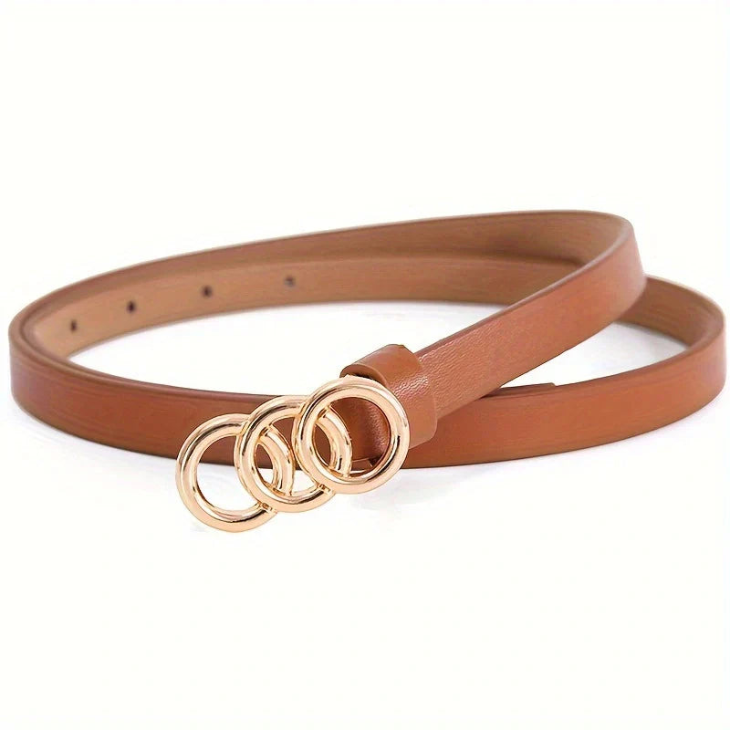 Women’s Slim Genuine Leather Belt with Triple Ring Buckle – Soft Statement Minimal Waist Belt