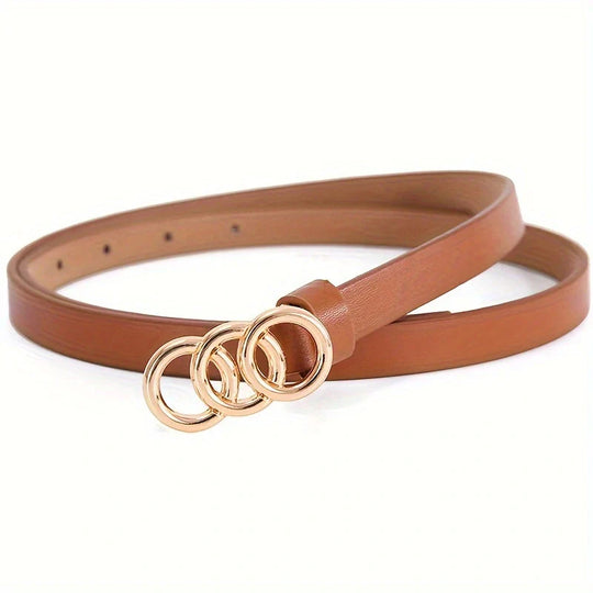 Women’s Slim Genuine Leather Belt with Triple Ring Buckle – Soft Statement Minimal Waist Belt