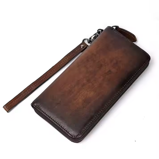 Men’s Brown Leather RFID Zip Wallet – Holden Long Clutch Card Holder