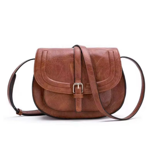 Women’s Small Brown Faux Leather Saddle Bag – Evelyn Classic Crossbody Shoulder Purse