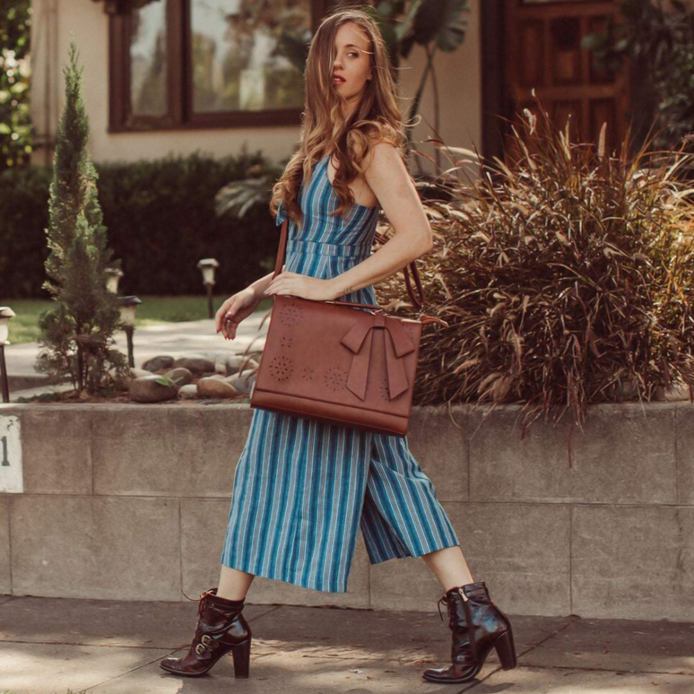 Women’s Brown Leather Bow-Tie Satchel Bag – Elegant Laser-Cut Top Handle & Shoulder Handbag