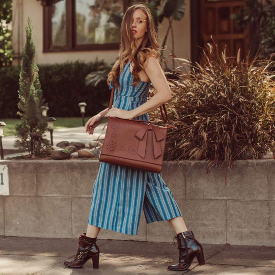 Women’s Brown Leather Bow-Tie Satchel Bag – Elegant Laser-Cut Top Handle & Shoulder Handbag