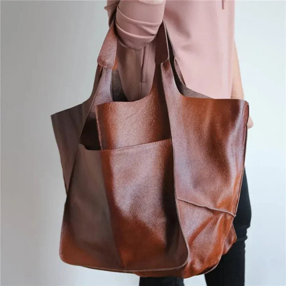 Women’s Extra-Large Brown Leather Tote Bag – Laura’s Timeless Allure Vintage Shoulder Shopper