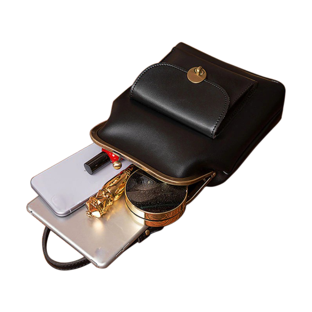 Women’s Small Black Leather Vintage Kiss-Lock Bag – Retro Crossbody & Top Handle Purse