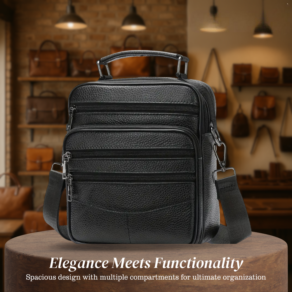 Men’s Black Leather Crossbody Shoulder Bag with Multi-Pockets | Jacob