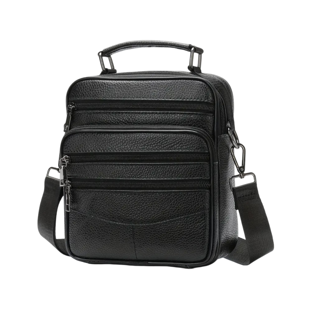 Men’s Black Leather Crossbody Shoulder Bag with Multi-Pockets | Jacob