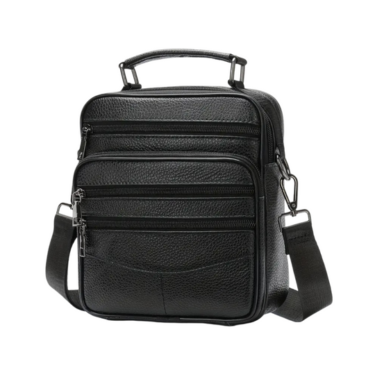 Men’s Black Leather Crossbody Shoulder Bag with Multi-Pockets | Jacob