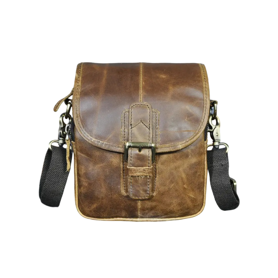 Men’s Brown Leather Crossbody Shoulder Bag with Buckle Flap | Zachary