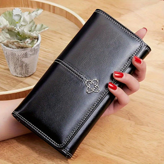 Women’s Long Leather Bifold Wallet – Eva Trendy Clutch Card Holder