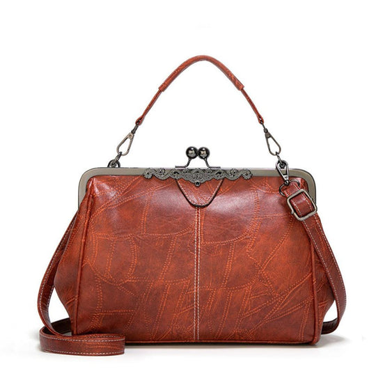 Women’s Red Leather Vintage Kiss-Lock Handbag – Celestial Embossed Top Handle & Shoulder Bag