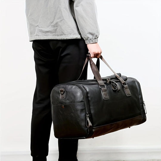 Men’s Large Black Leather Travel Duffel Bag – Everett Weekender Carry-On Overnight Bag
