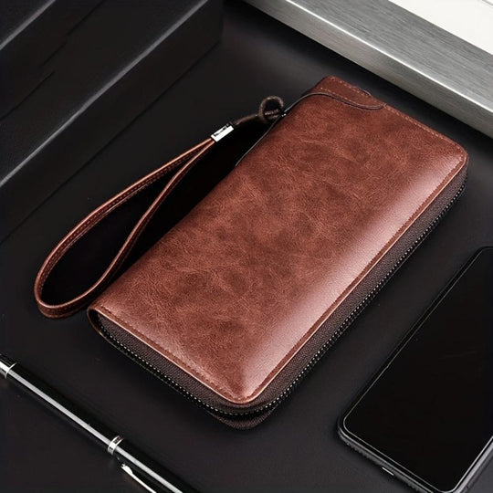 Men’s Brown Leather RFID Zip Wallet – Holden Long Clutch Card Holder