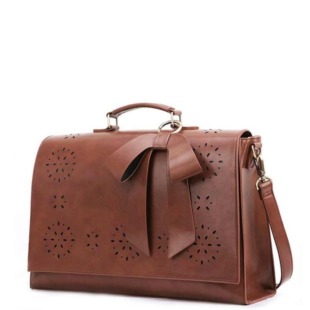 Women’s Brown Leather Bow-Tie Satchel Bag – Elegant Laser-Cut Top Handle & Shoulder Handbag