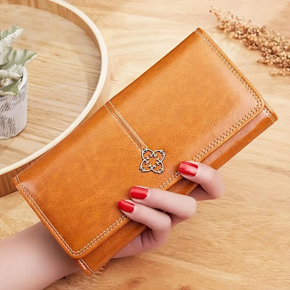 Women’s Long Leather Bifold Wallet – Eva Trendy Clutch Card Holder