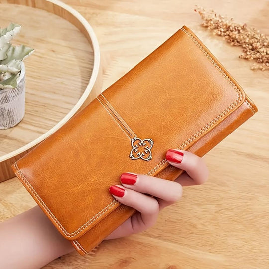 Women’s Long Leather Bifold Wallet – Eva Trendy Clutch Card Holder